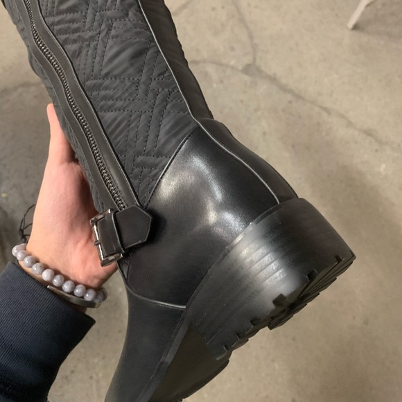 Buckle Detail Knee High Zip Lug Sole Boots in Black Faux Leather, Women’a - Picture 6 of 15